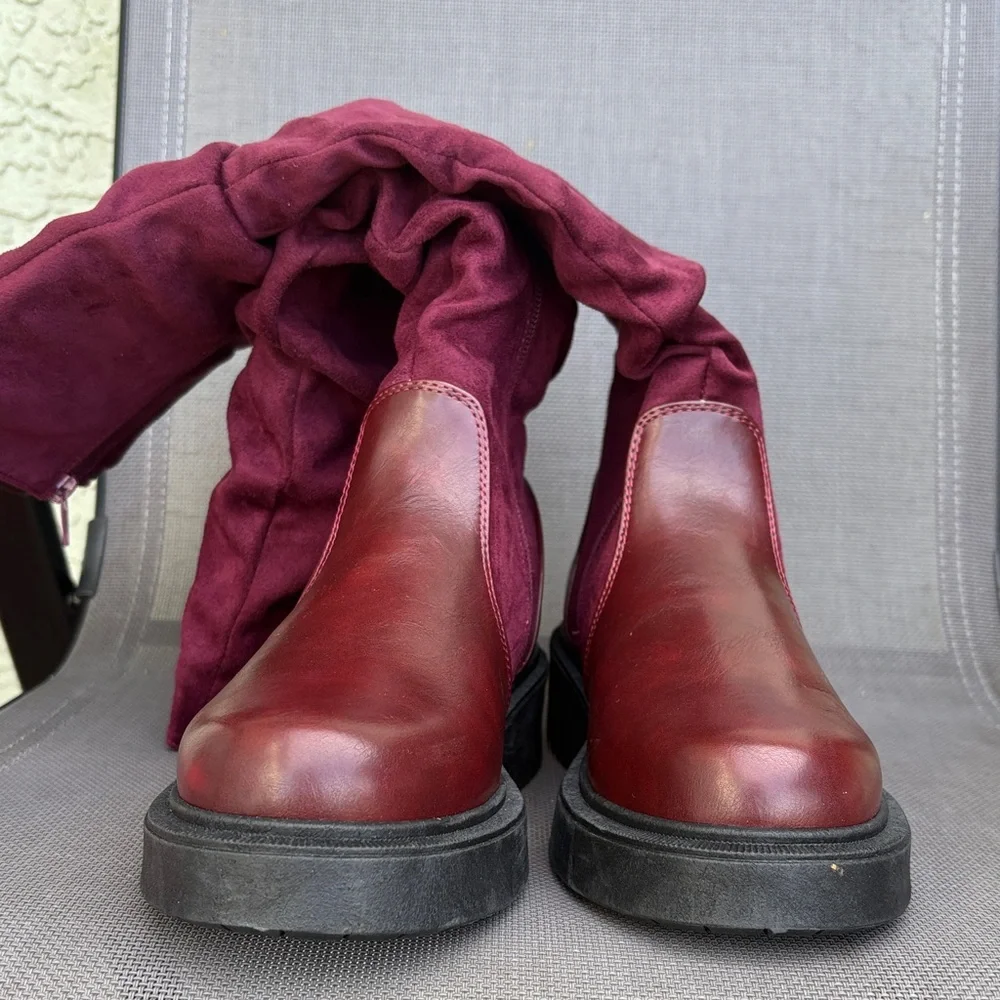 Faux Leather Round Toe Ruched Tall Boots - 8.5 burgundy color